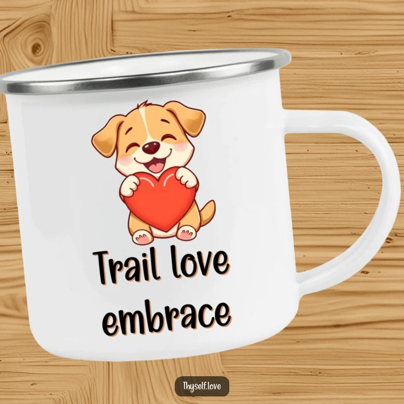 Funny camping mug with a happy dog hugging a heart, radiating warmth and contentment, perfect for outdoor enjoyment.