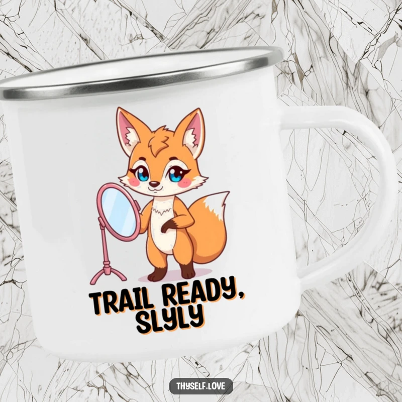 Funny fox camping mug with a confident fox character posing with a vanity mirror, perfect for stylish outdoor excursions.