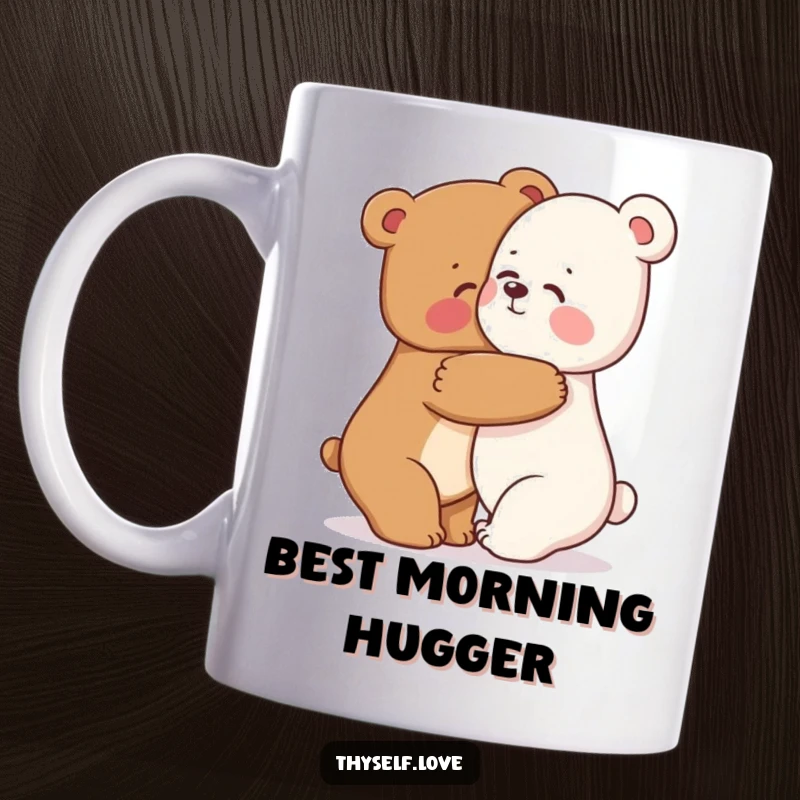 Funny bear mug with a happy bear character giving a warm hug to its own reflection, symbolizing self-love and comfort.