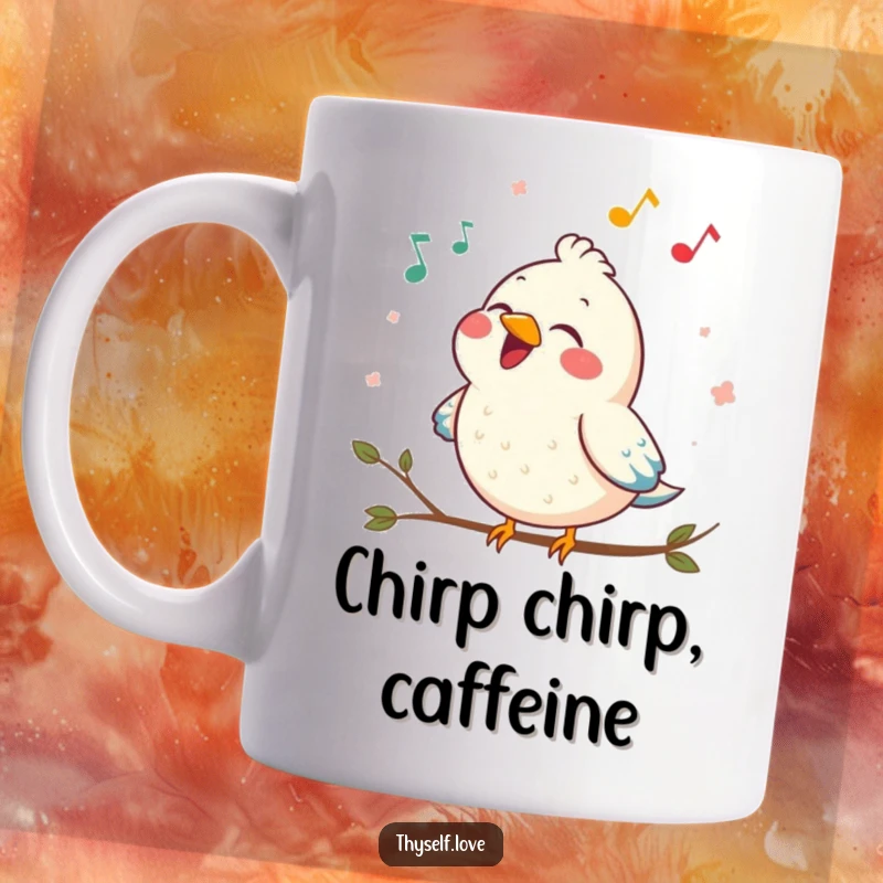 Funny mug featuring a contented bird singing a joyful song, radiating happiness and cheerful energy.