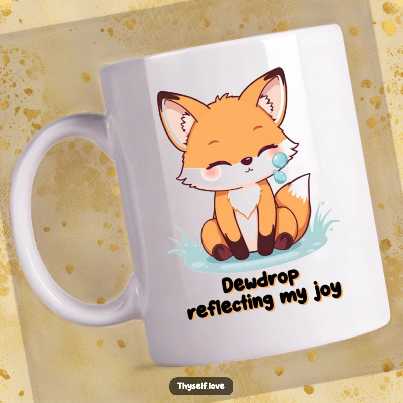 Funny fox mug featuring a cheerful fox admiring its own reflection in a sparkling dewdrop, celebrating its natural beauty.