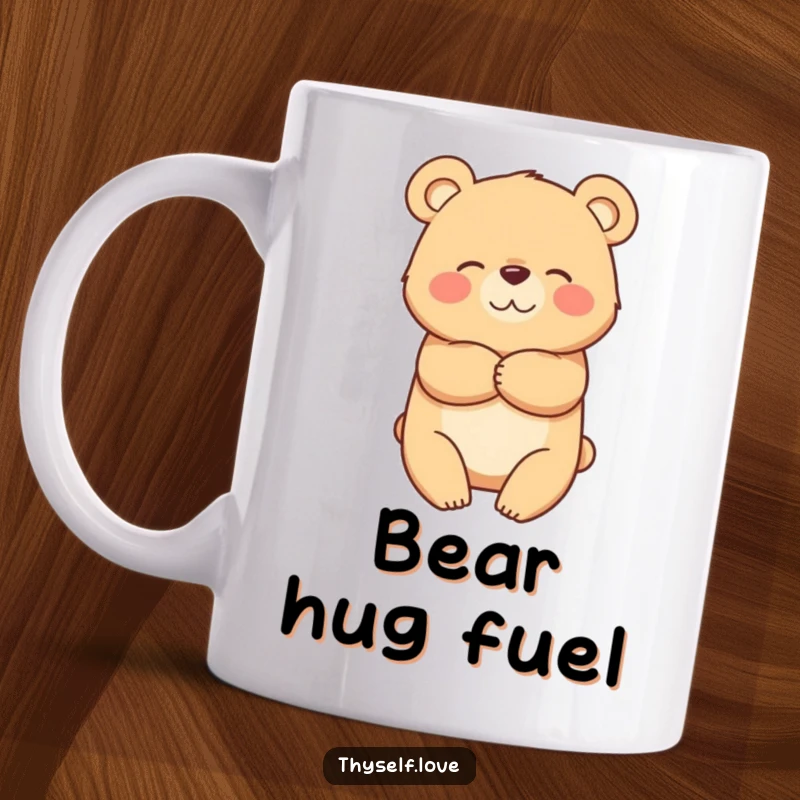 Funny mug featuring a happy bear character giving itself a warm, reassuring hug, promoting self-love.