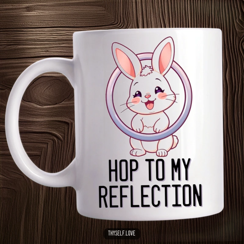 Funny mug featuring a smiling bunny looking into a shiny round mirror, admiring its cute reflection.