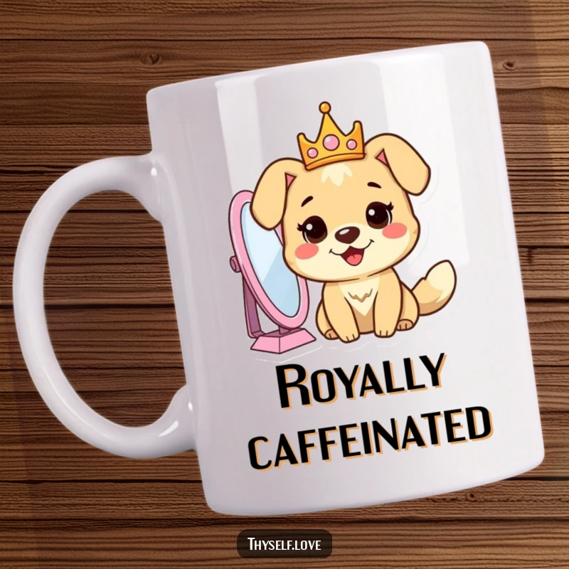 Funny dog mug with a cheerful dog wearing a crown, looking confidently into a mirror, exuding royal charm.