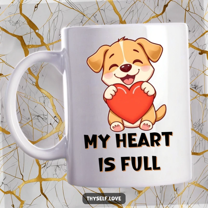 Funny mug with a delighted dog hugging a heart, radiating pure love, warmth, and contentment, making it a perfect gift.