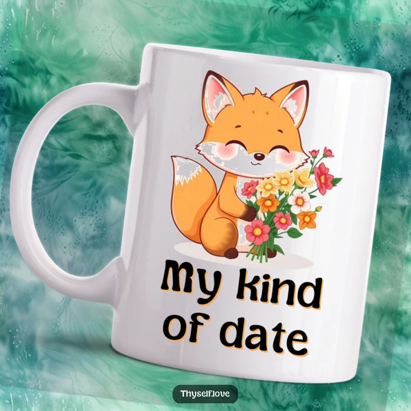 Funny Mug: A cheerful fox meticulously arranging a beautiful bouquet of flowers solely for its own solitary delight, radiating contentedness.
