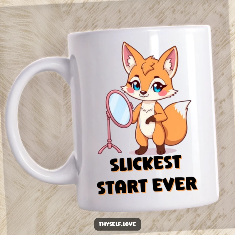 Funny fox mug with a confident fox character striking a pose while holding a vanity mirror, showing off its style.