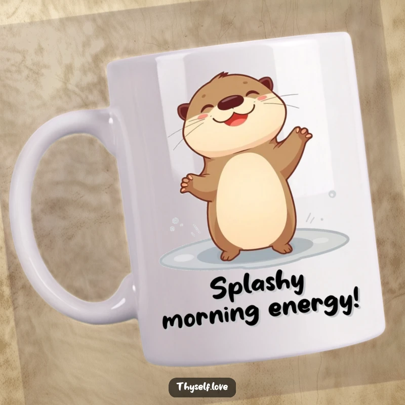 Funny mug with a giggling otter joyfully dancing in front of a puddle, radiating pure, unadulterated happiness.