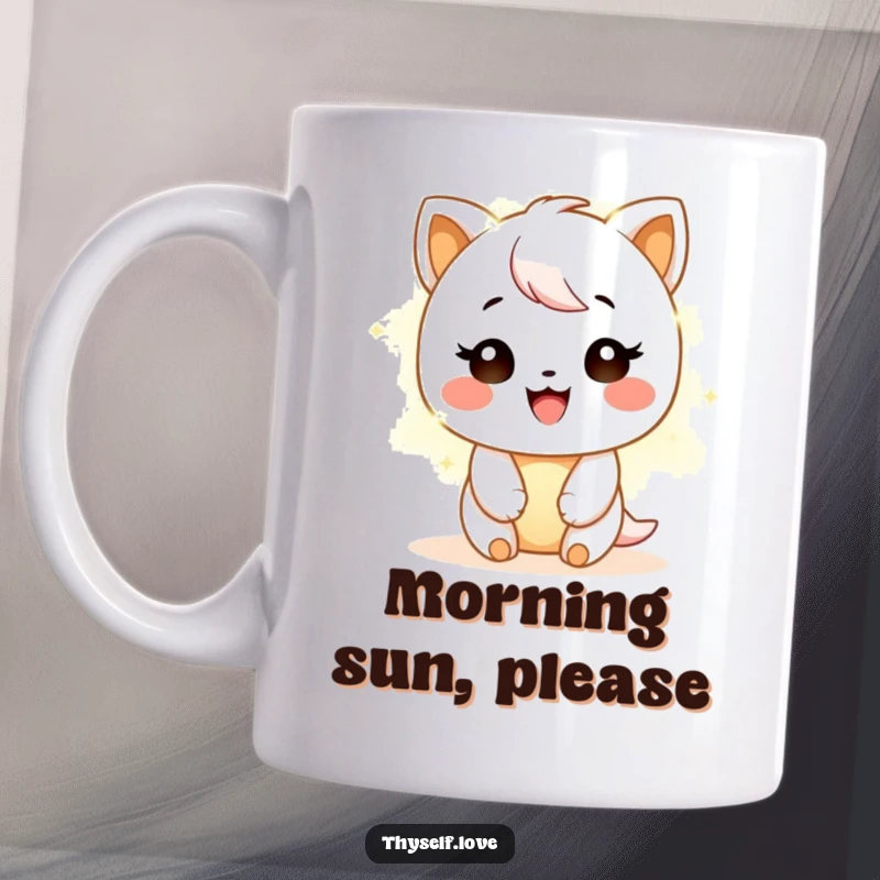 Funny Happy Character Mug: Character beaming joyfully, enveloped in a soft, ethereal warm light representing inner happiness.