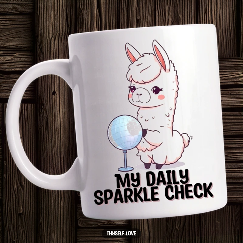 Funny llama mug featuring a cute llama admiring its reflection in a sparkling disco ball, radiating self-confidence and joy.