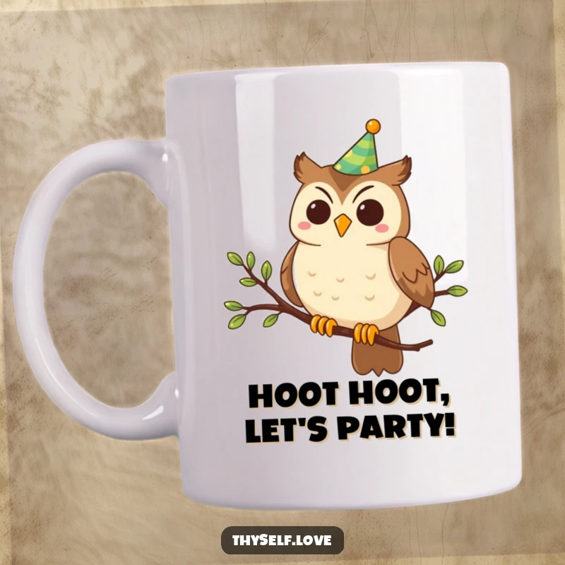 Funny Mug: A smiling owl wearing a party hat perches on a branch, ready to spread cheer and laughter.