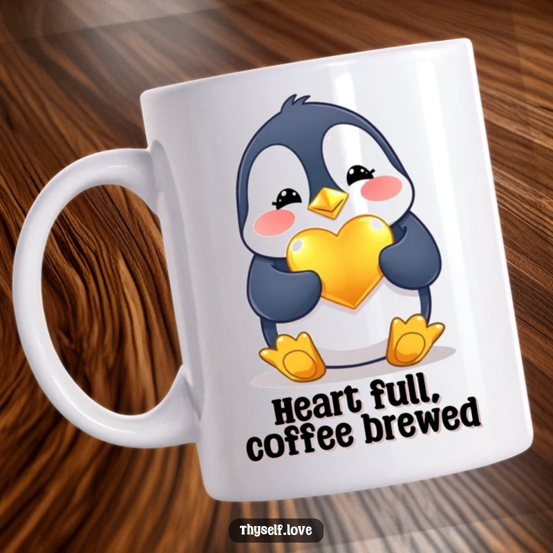 Funny Mug: A cheerful penguin meticulously polishes a shiny golden heart, spreading love and warmth.