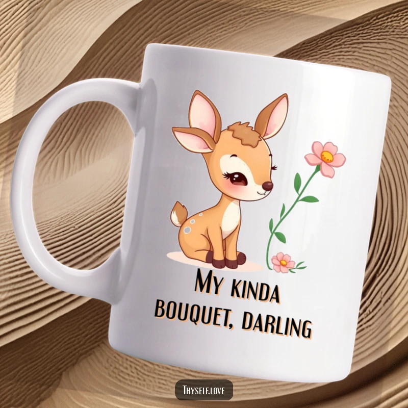 Funny mug with a winking deer gently holding a picked flower, showcasing its mischievous and charming personality.