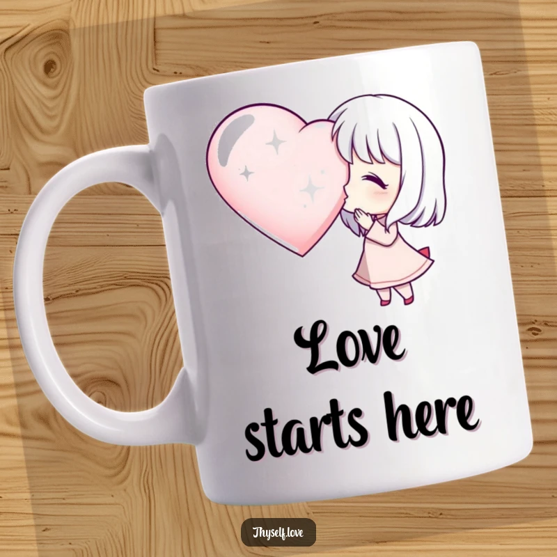 Funny Kissing Character Mug: Character blowing a kiss towards a large, sparkling heart, a sweet and humorous gesture.