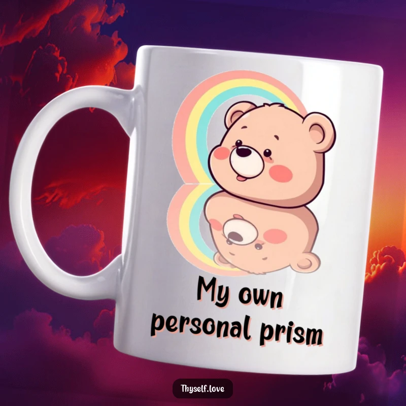 Funny mug: A giggling bear looking into a mirror, seeing a rainbow in its reflection, radiating pure joy and self-appreciation.