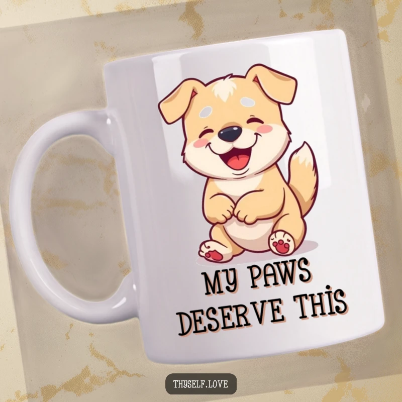 Funny mug with a content dog wagging its tail while looking admiringly at its own paws, conveying pure happiness.