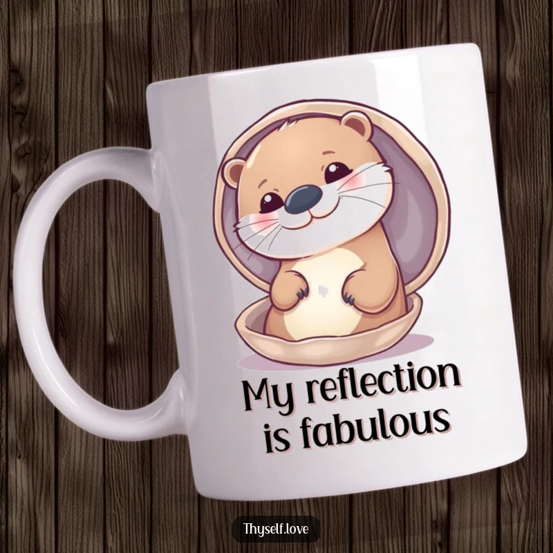 Funny mug featuring a smiling otter gazing lovingly at its reflection in a polished shell, exuding vanity and charm.