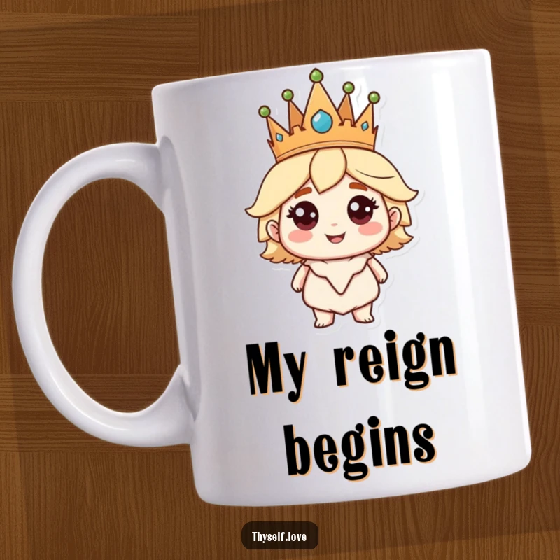 Funny Crowned Character Mug: A character proudly wears a crown, smiling with assured confidence, radiating self-importance humorously.