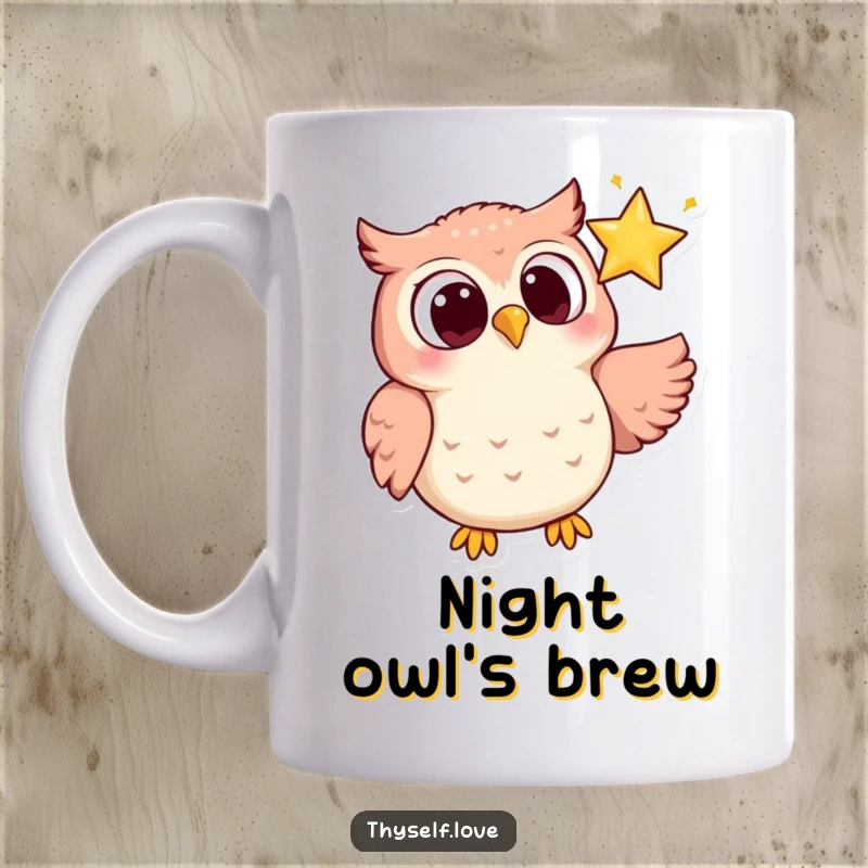 Funny mug featuring a joyful owl with wide eyes, looking lovingly at a sparkling star in the night sky, full of wonder.