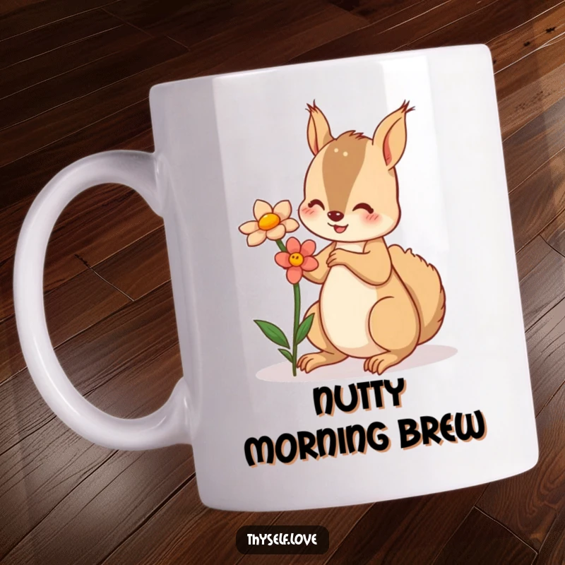 Funny mug featuring a playful squirrel offering a flower to its own reflection, symbolizing self-love and appreciation.