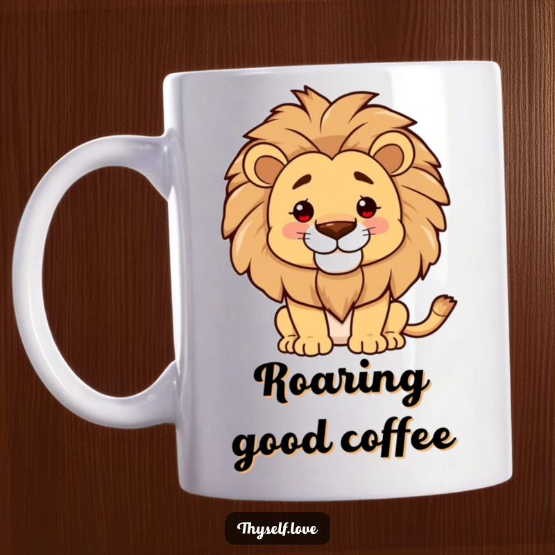 Funny mug, proud lion smoothing mane, confident smile, majestic morning, regal attitude, perfect funny gift.