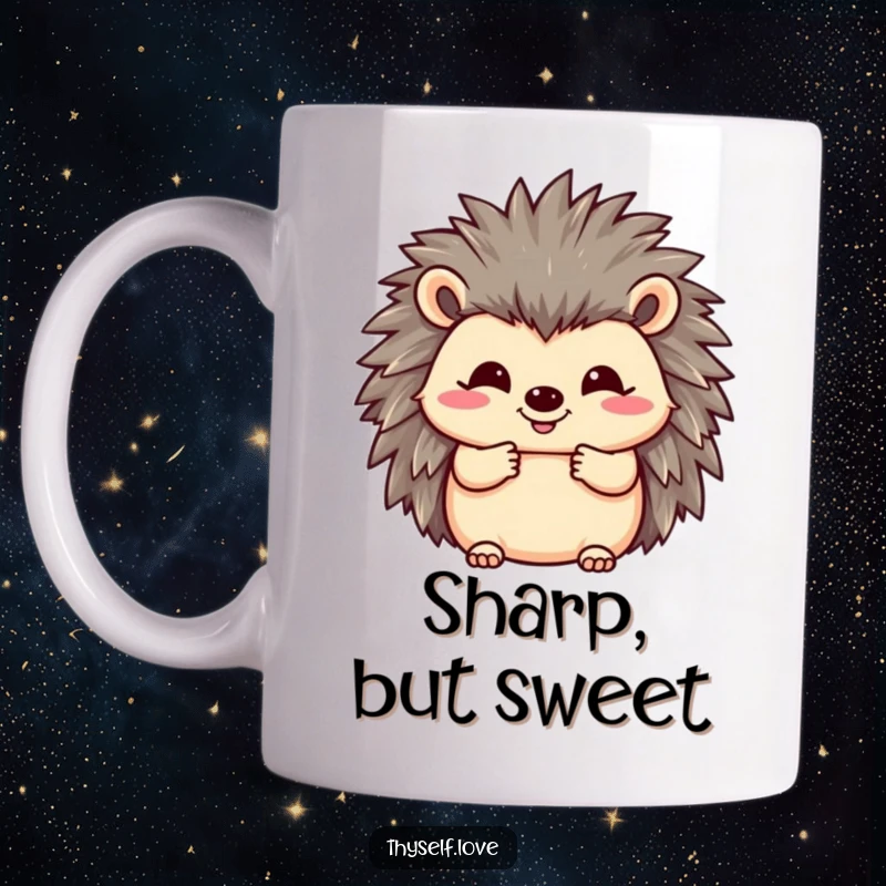 Funny mug featuring a happy hedgehog fluffing its quills with a wide smile, radiating infectious cheerfulness.