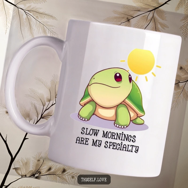 Funny mug featuring a peaceful turtle enjoying a bright sunbeam, radiating ultimate relaxation and slow-living vibes. Perfect for humor lovers.