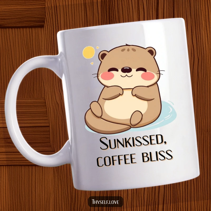 Funny mug featuring a happy otter floating on its back, eyes closed, basking blissfully in warm, gentle sunlight, embodying pure relaxation.