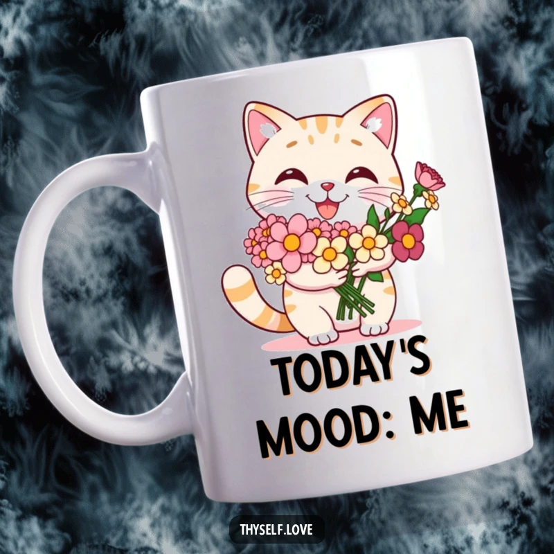 Funny cat mug with a smiling cat proudly holding a bouquet of flowers it gave to itself, showcasing self-admiration.