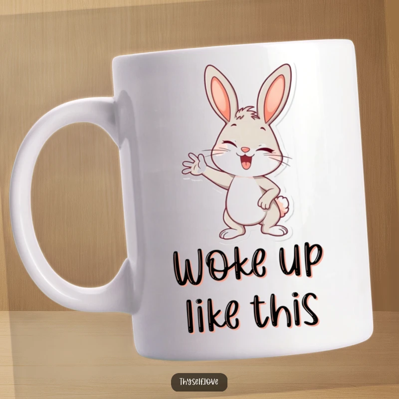 Funny mug featuring a cheerful bunny striking a confident pose and winking, exuding playful charisma and charm.
