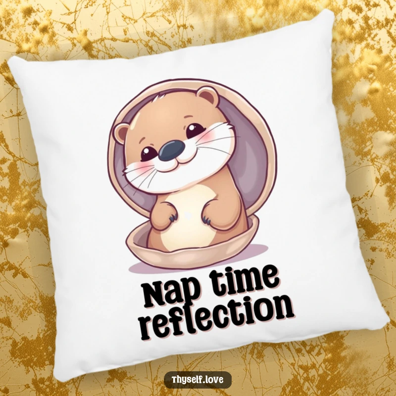 Funny pillow featuring a content otter admiring its reflection in a smooth, shiny shell, bringing warmth and humor.