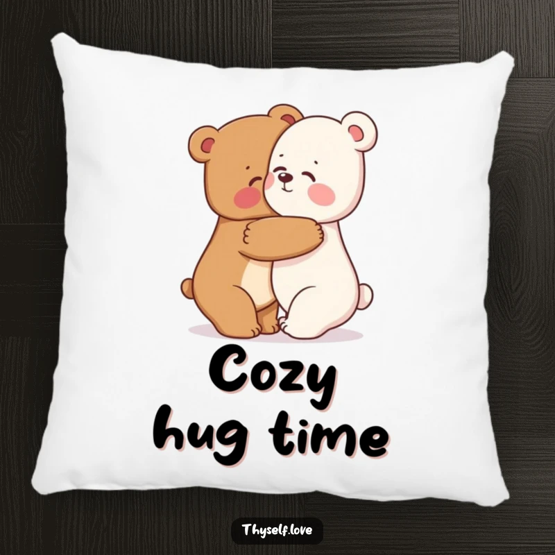 Funny bear pillow featuring a happy bear character hugging its reflection, offering comfort and a touch of bear-sized affection.
