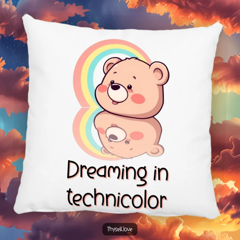 Funny Pillow: A soft pillow depicting a bear hysterically laughing at a rainbow appearing in its own reflection, bringing cozy cheer.