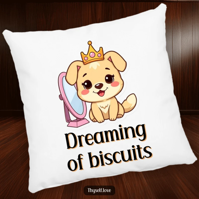 Funny dog pillow with a cheerful dog wearing a crown, looking into a mirror, offering comfort and a touch of regal fun.