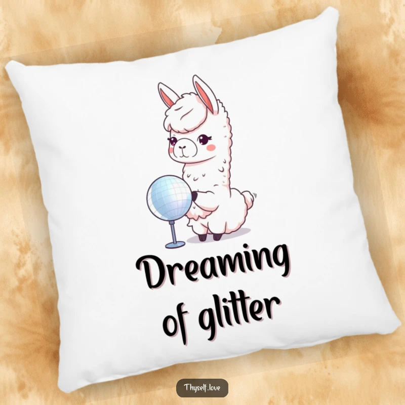 Funny llama pillow featuring a cute llama joyfully admiring its reflection in a shiny disco ball, bringing playful energy.
