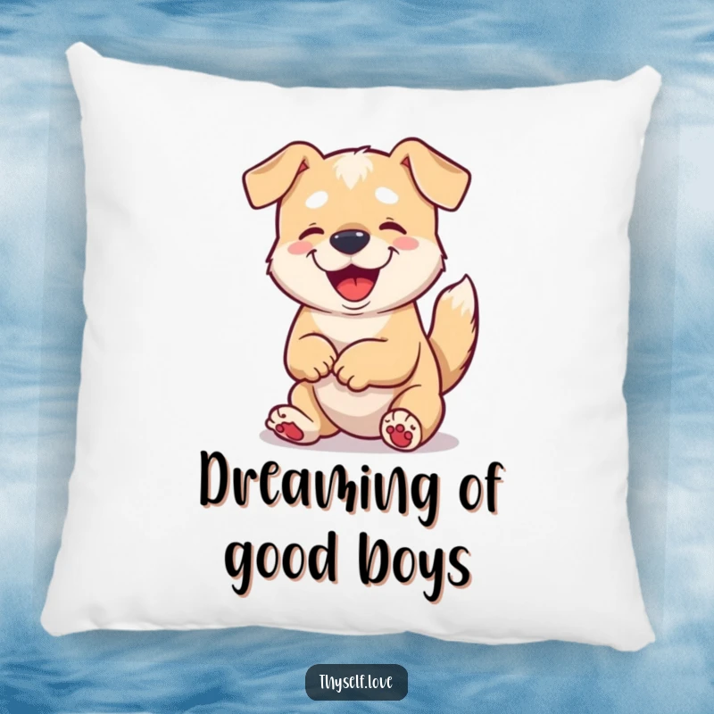 Funny pillow featuring a content dog wagging its tail while looking at its paws, providing a soft, humorous accent.