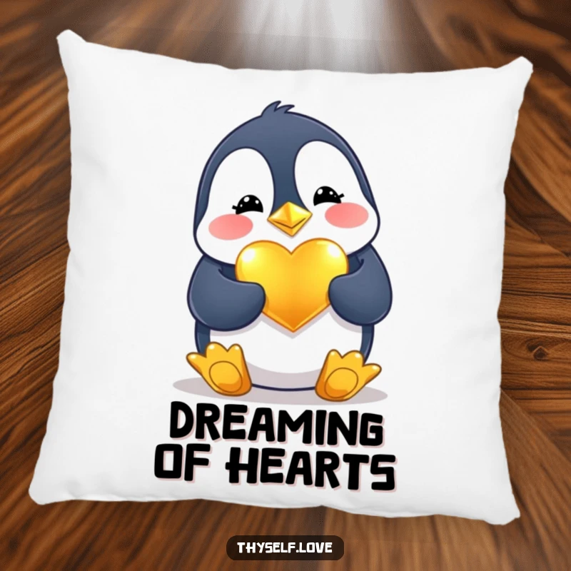 Funny Pillow: A happy penguin polishing a golden heart, providing comfort and a touch of endearing humor.