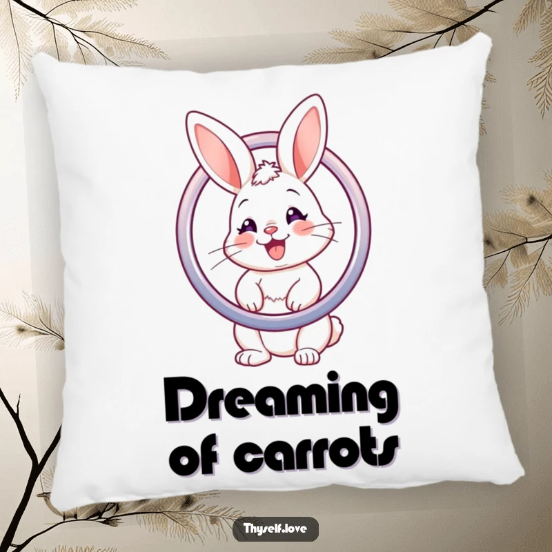 Funny pillow featuring a happy bunny admiring its reflection in a round mirror, adding charm and comfort.