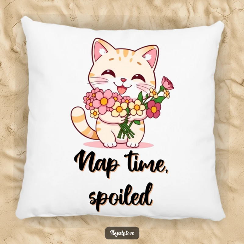 Funny cat pillow featuring a smiling cat proudly holding a bouquet of flowers, offering comfort and a touch of humor.