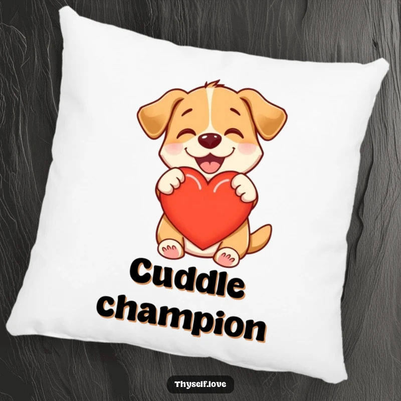 Funny pillow featuring a delighted dog hugging a heart, embodying warmth, contentment, and unconditional love.