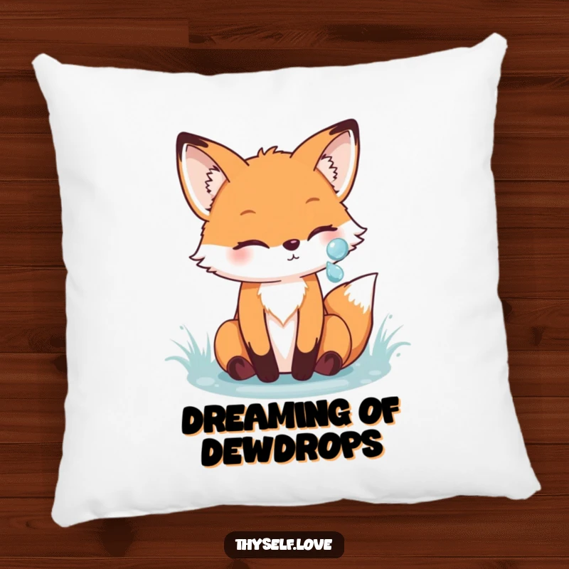 Funny fox pillow featuring a cheerful fox admiring its reflection in a sparkling dewdrop, offering cozy comfort and whimsical woodland humor.