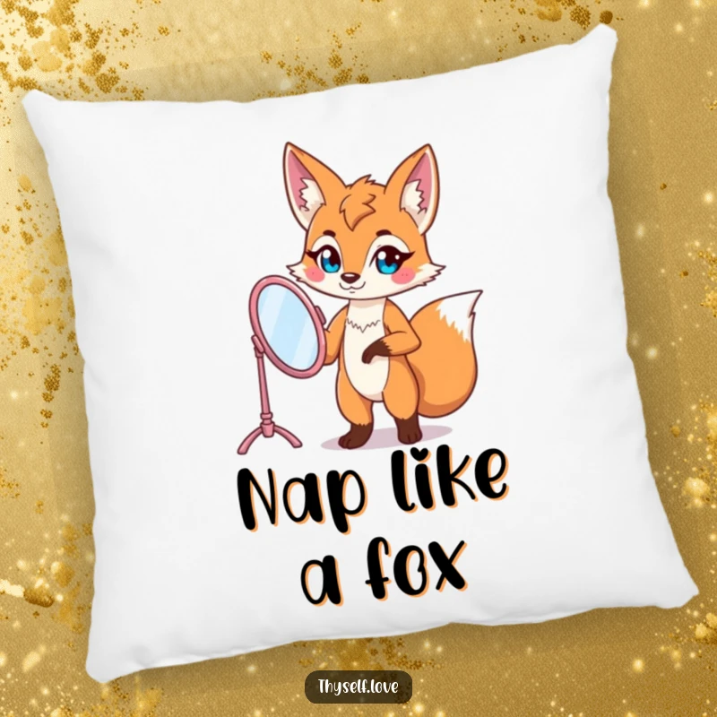 Funny fox pillow with a confident fox character posing with a vanity mirror, offering comfort and a touch of foxy charm.