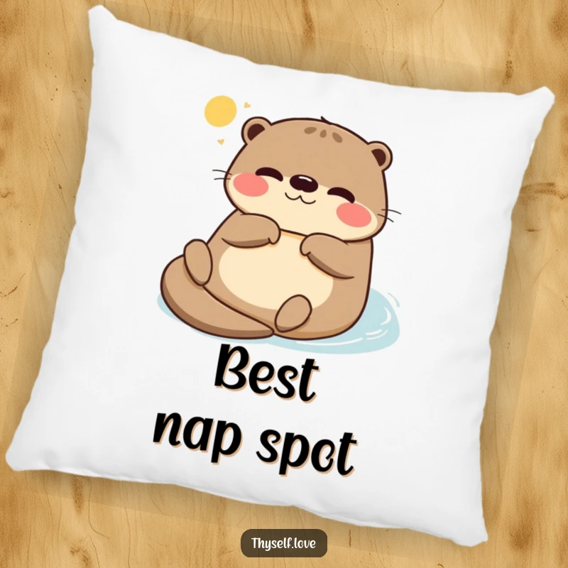 Funny pillow designed with a blissful otter floating on its back, soaking up the sun's rays, providing cozy and humorous comfort.