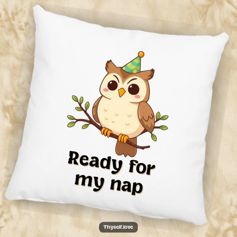 Funny Pillow: A smiling owl wearing a party hat rests on a branch, offering comfort and a dose of festive fun.