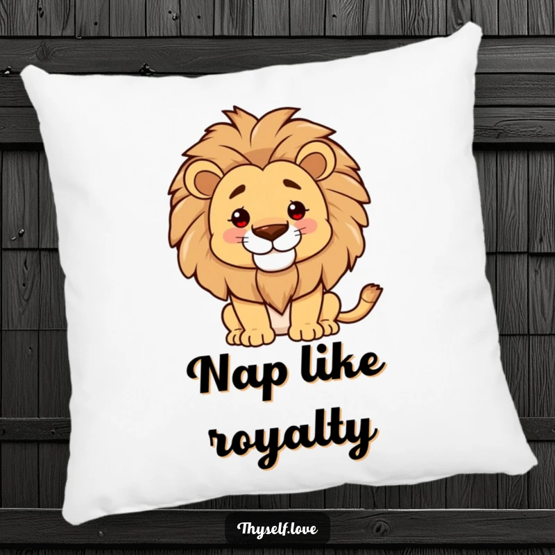 Funny pillow, proud lion smoothing mane, soft comfort, kingly presence, regal relaxation, delightful funny gift.