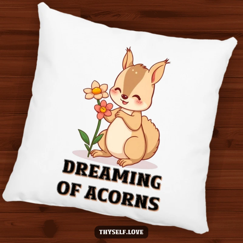 Funny pillow featuring a squirrel offering a flower to its reflection, bringing whimsical comfort and charm.