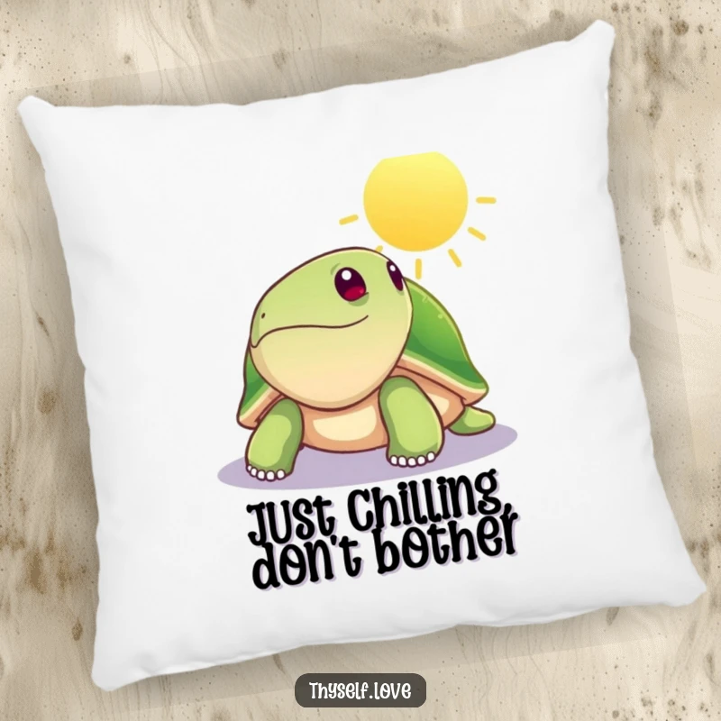 Funny pillow with a content turtle basking in a sunbeam, offering a hilariously cozy and peaceful decorative element. Makes a great funny gift.