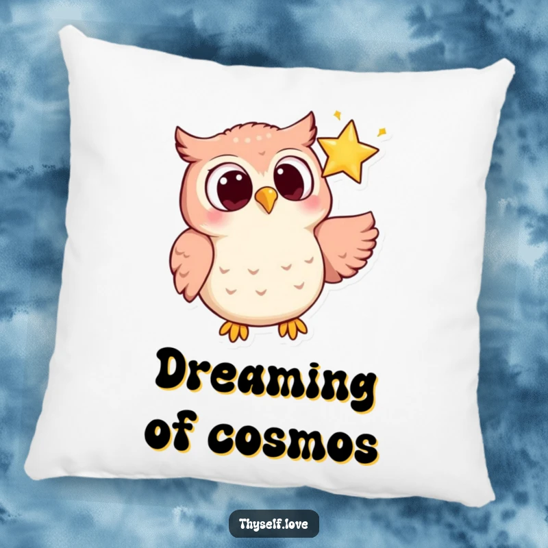Funny pillow featuring a joyful owl with wide eyes, looking lovingly at a sparkling star, bringing sleepy wonder indoors.
