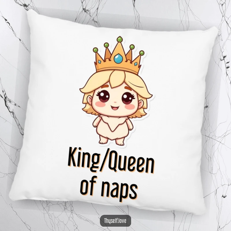 Funny Pillow: A crowned character beams with self-assurance, offering humorous comfort and a touch of majesty.