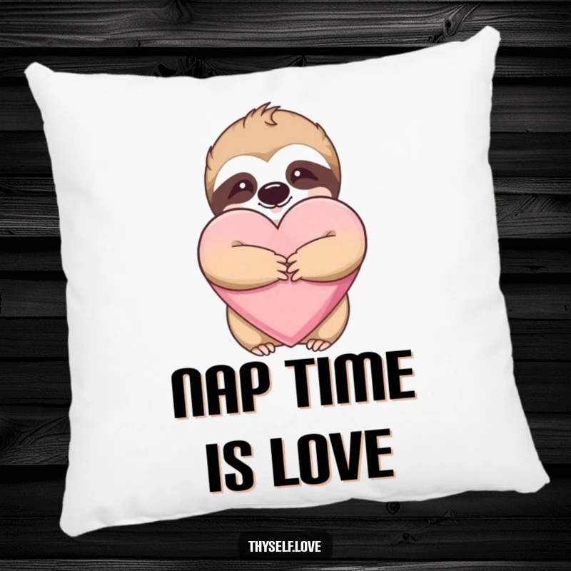 Funny pillow design of a content sloth gently hugging a large, soft heart, ideal for beds and sofas.